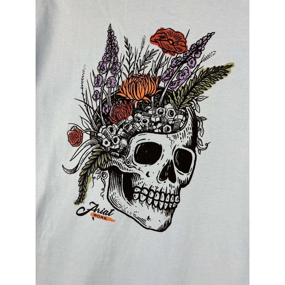 Ariat T-Shirt Womens Medium Blue Rebar CottonStrong Roughneck Floral Skull Work - Picture 3 of 10